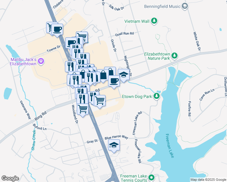 map of restaurants, bars, coffee shops, grocery stores, and more near 1631 Ring Road in Elizabethtown
