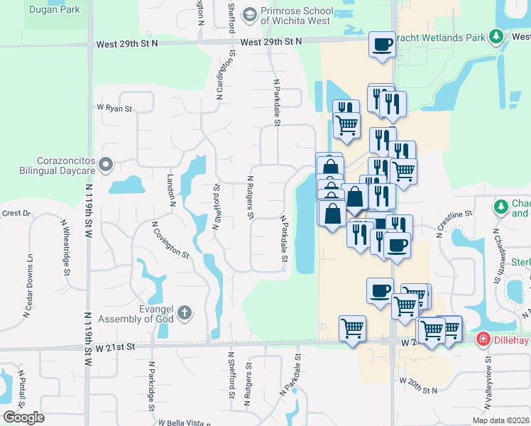 map of restaurants, bars, coffee shops, grocery stores, and more near 2547 North Parkdale Court in Wichita
