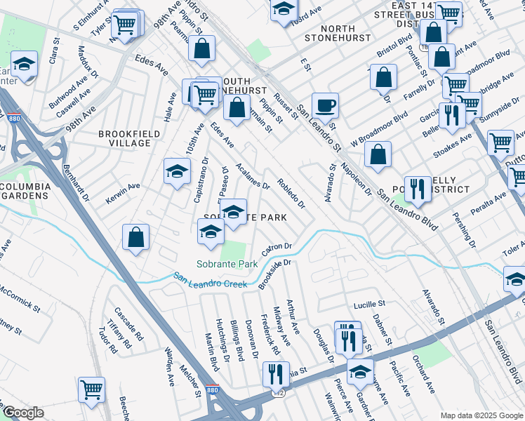 map of restaurants, bars, coffee shops, grocery stores, and more near 10904 Estepa Drive in Oakland