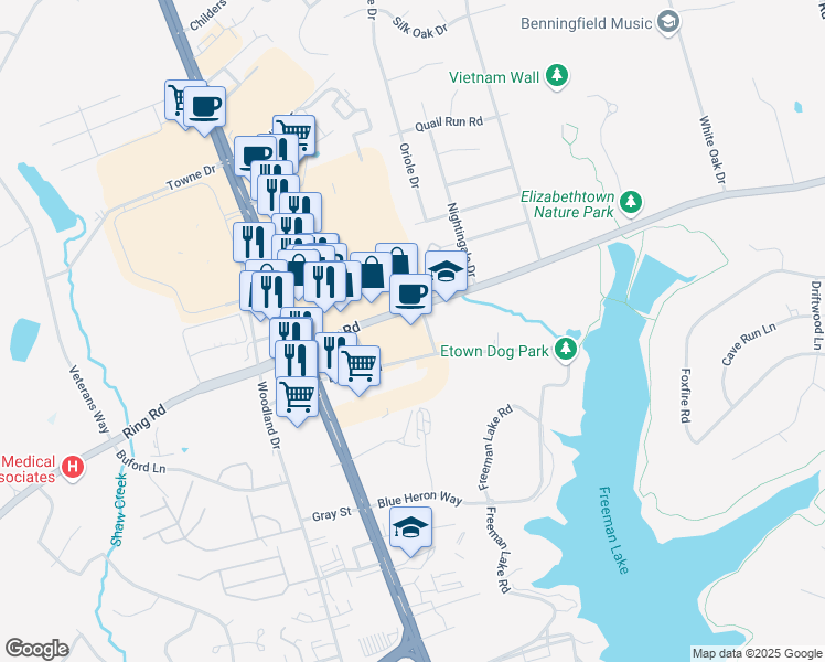 map of restaurants, bars, coffee shops, grocery stores, and more near 1631 Ring Road in Elizabethtown