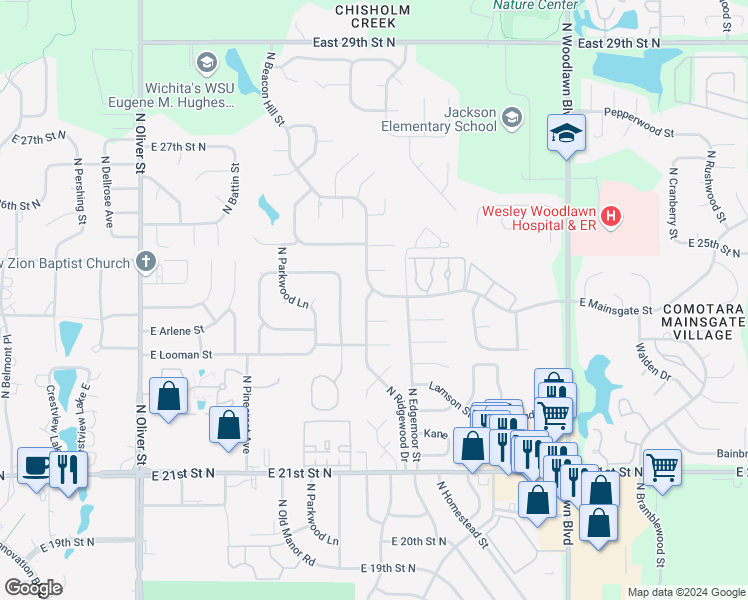 map of restaurants, bars, coffee shops, grocery stores, and more near 2468 North Ridgewood Drive in Wichita
