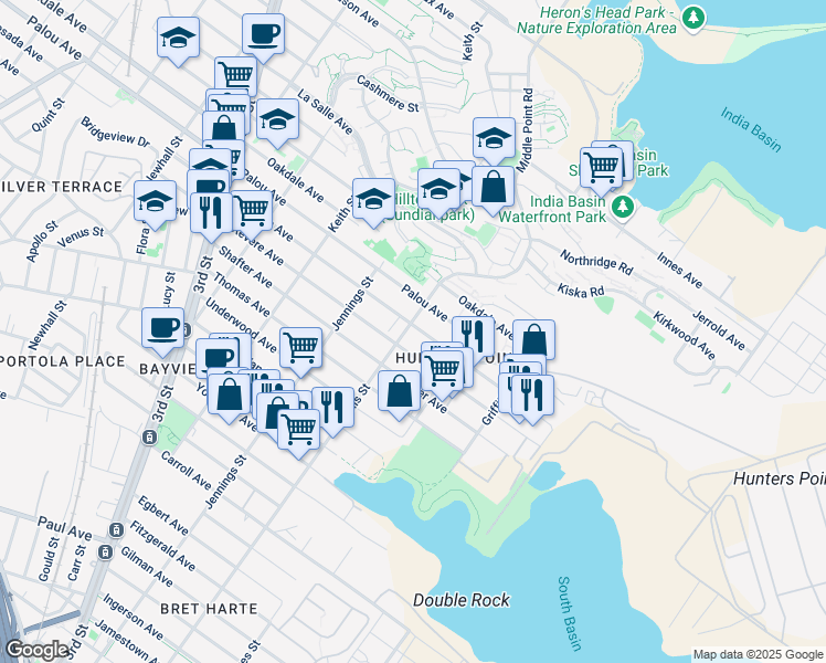 map of restaurants, bars, coffee shops, grocery stores, and more near 1195 Palou Avenue in San Francisco