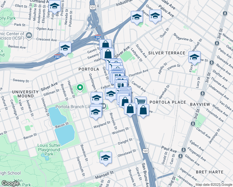 map of restaurants, bars, coffee shops, grocery stores, and more near 2 Burrows Street in San Francisco