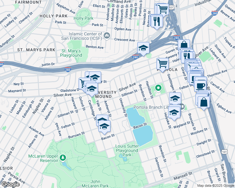 map of restaurants, bars, coffee shops, grocery stores, and more near 67 University Street in San Francisco