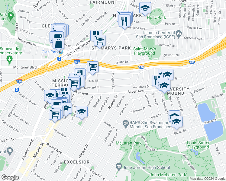 map of restaurants, bars, coffee shops, grocery stores, and more near 223 Maynard Street in San Francisco