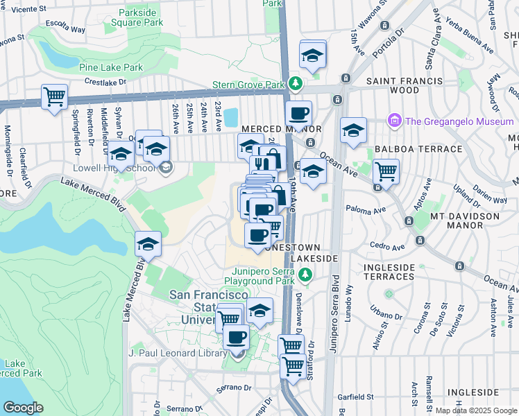 map of restaurants, bars, coffee shops, grocery stores, and more near 3201 20th Avenue in San Francisco