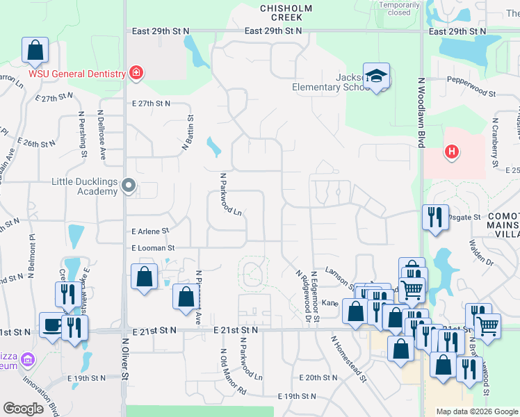 map of restaurants, bars, coffee shops, grocery stores, and more near 2522 North Beacon Hill Street in Wichita