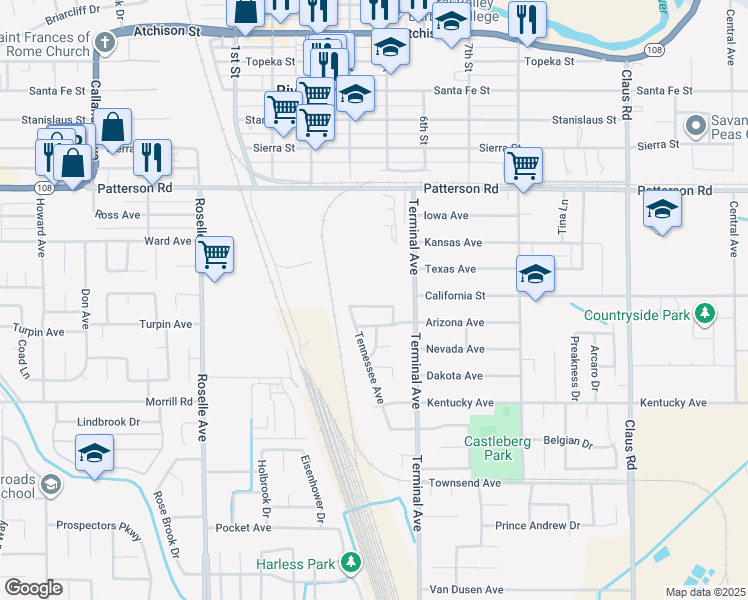 map of restaurants, bars, coffee shops, grocery stores, and more near 3443 Hawaii Avenue in Riverbank