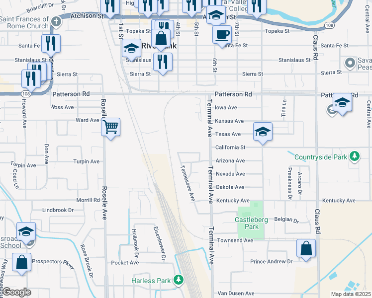 map of restaurants, bars, coffee shops, grocery stores, and more near 3443 Hawaii Avenue in Riverbank