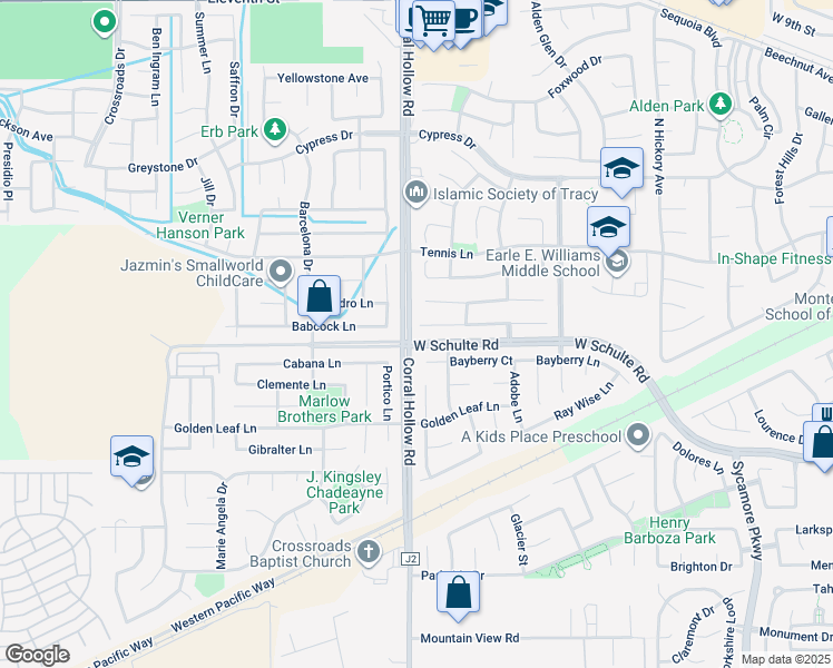 map of restaurants, bars, coffee shops, grocery stores, and more near 1990 Harvest Landing Court in Tracy
