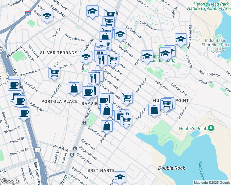 map of restaurants, bars, coffee shops, grocery stores, and more near Keith Street in San Francisco
