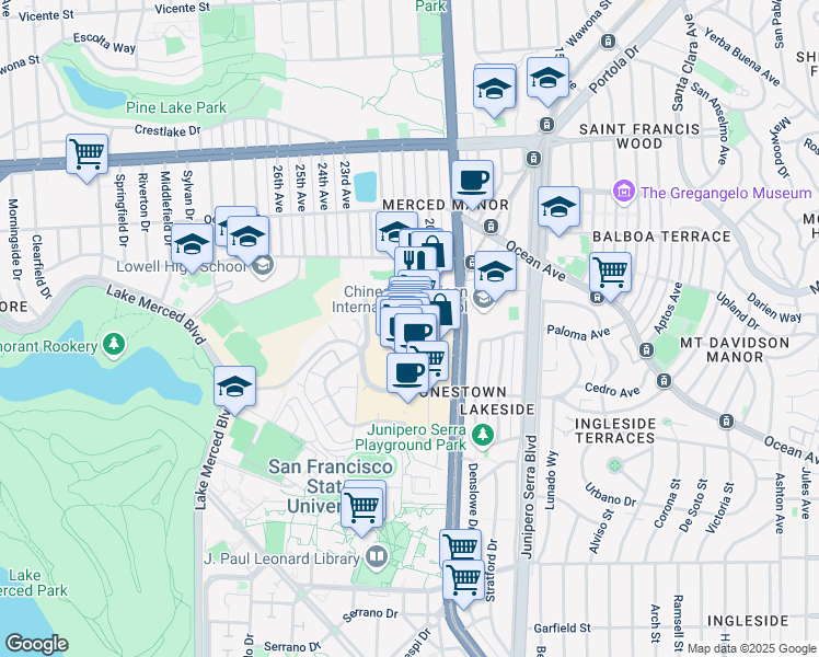 map of restaurants, bars, coffee shops, grocery stores, and more near 3251 20th Avenue in San Francisco
