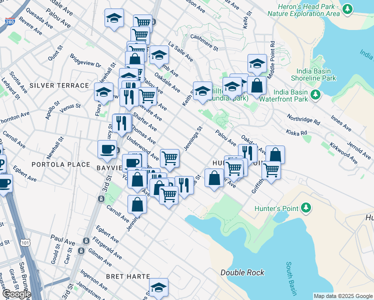 map of restaurants, bars, coffee shops, grocery stores, and more near 1398 Shafter Avenue in San Francisco