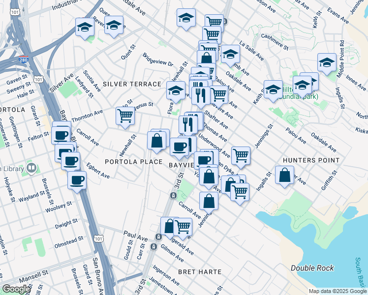 map of restaurants, bars, coffee shops, grocery stores, and more near in San Francisco