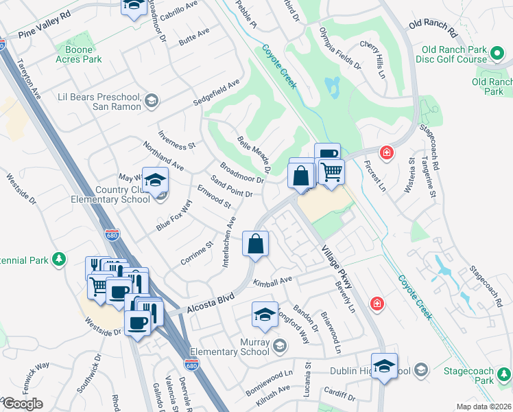 map of restaurants, bars, coffee shops, grocery stores, and more near 9517 Sandpoint Drive in San Ramon