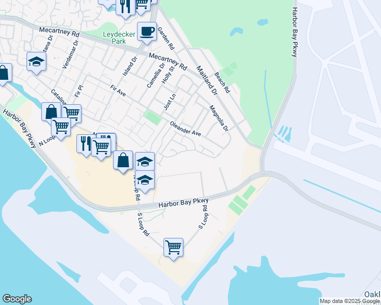 map of restaurants, bars, coffee shops, grocery stores, and more near 1190 Silva Lane in Alameda