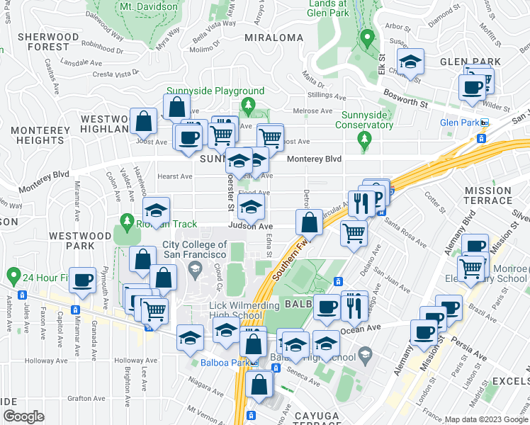 map of restaurants, bars, coffee shops, grocery stores, and more near 324 Edna Street in San Francisco