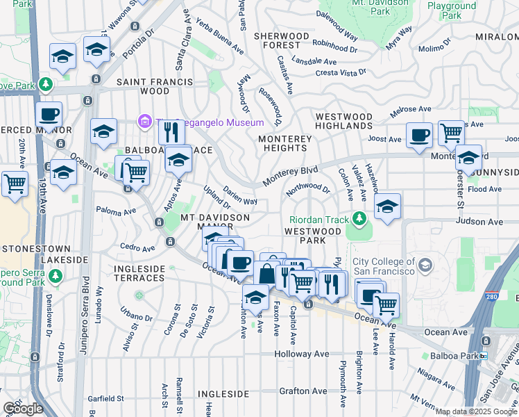 map of restaurants, bars, coffee shops, grocery stores, and more near 100 Northgate Drive in San Francisco