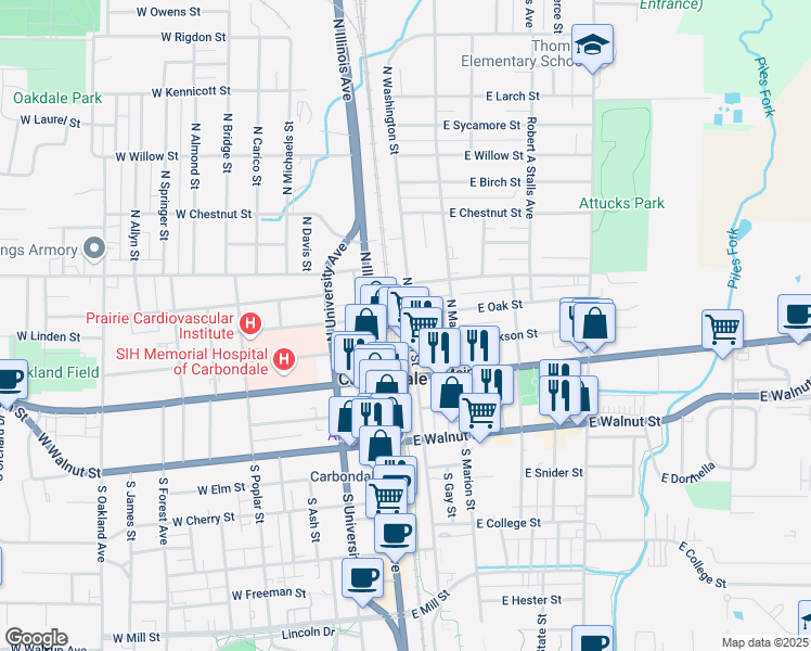 map of restaurants, bars, coffee shops, grocery stores, and more near 399 North Washington Street in Carbondale