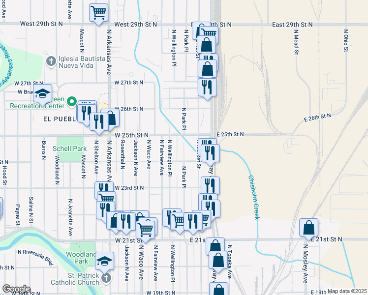 map of restaurants, bars, coffee shops, grocery stores, and more near 2558 North Park Place in Wichita