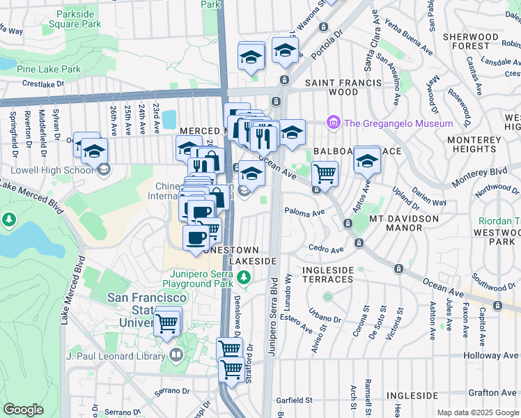 map of restaurants, bars, coffee shops, grocery stores, and more near 3250 19th Avenue in San Francisco