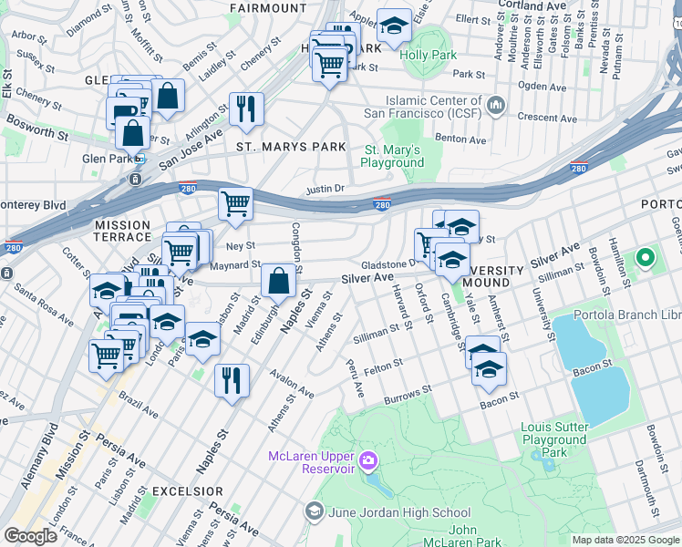 map of restaurants, bars, coffee shops, grocery stores, and more near 290 Maynard Street in San Francisco
