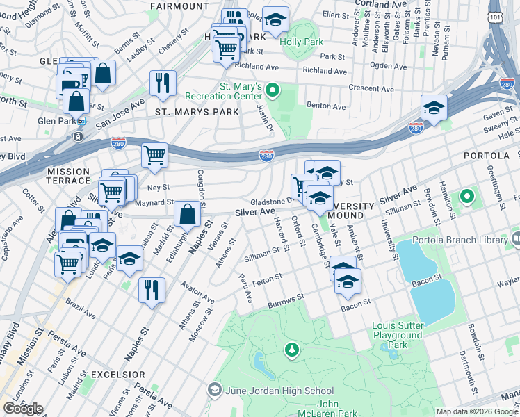 map of restaurants, bars, coffee shops, grocery stores, and more near 657 Silver Avenue in San Francisco