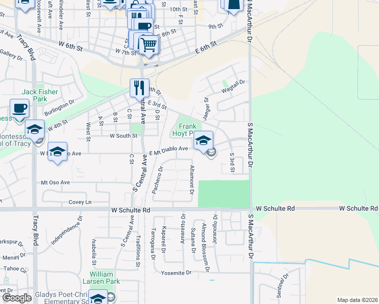 map of restaurants, bars, coffee shops, grocery stores, and more near 270 East Mount Diablo Avenue in Tracy