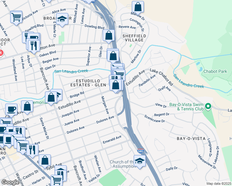 map of restaurants, bars, coffee shops, grocery stores, and more near 1383 MacArthur Boulevard in San Leandro