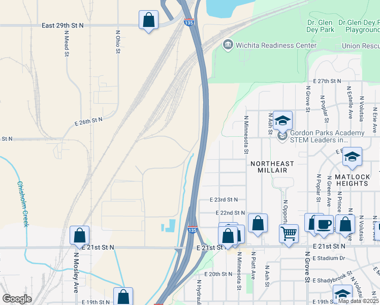 map of restaurants, bars, coffee shops, grocery stores, and more near 2812 North New York Street in Wichita