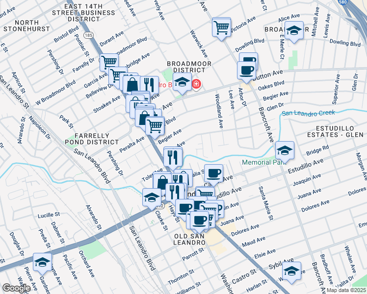 map of restaurants, bars, coffee shops, grocery stores, and more near 179 Haas Avenue in San Leandro