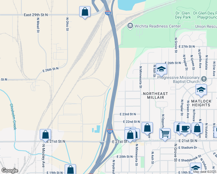 map of restaurants, bars, coffee shops, grocery stores, and more near 2808 North New York Street in Wichita