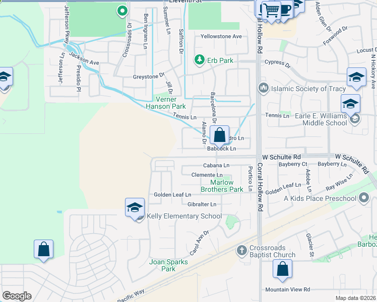 map of restaurants, bars, coffee shops, grocery stores, and more near 80 Faith Lane in Tracy