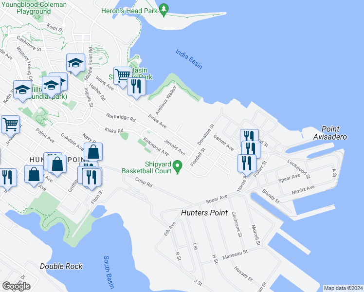 map of restaurants, bars, coffee shops, grocery stores, and more near 161 Cleo Rand Lane in San Francisco