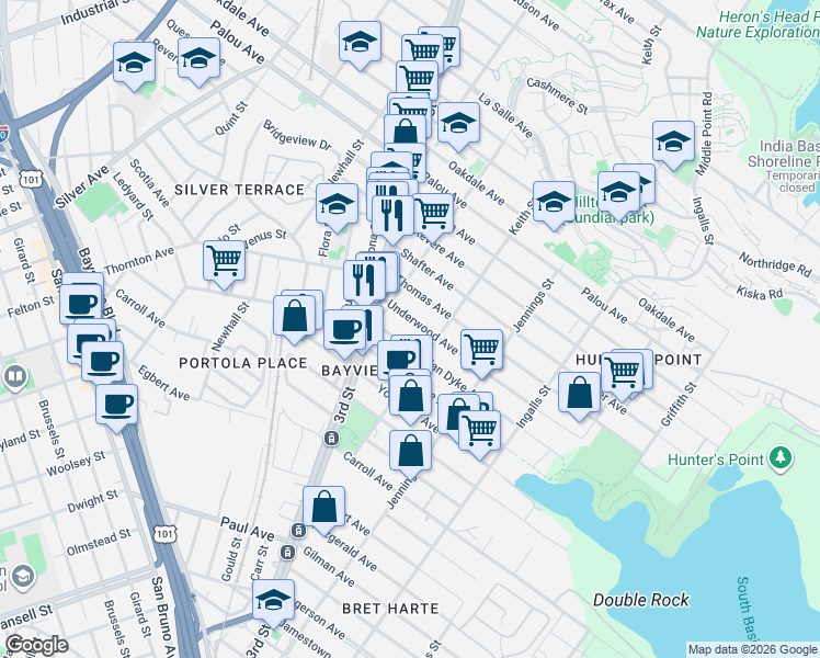 map of restaurants, bars, coffee shops, grocery stores, and more near 1560 Underwood Avenue in San Francisco