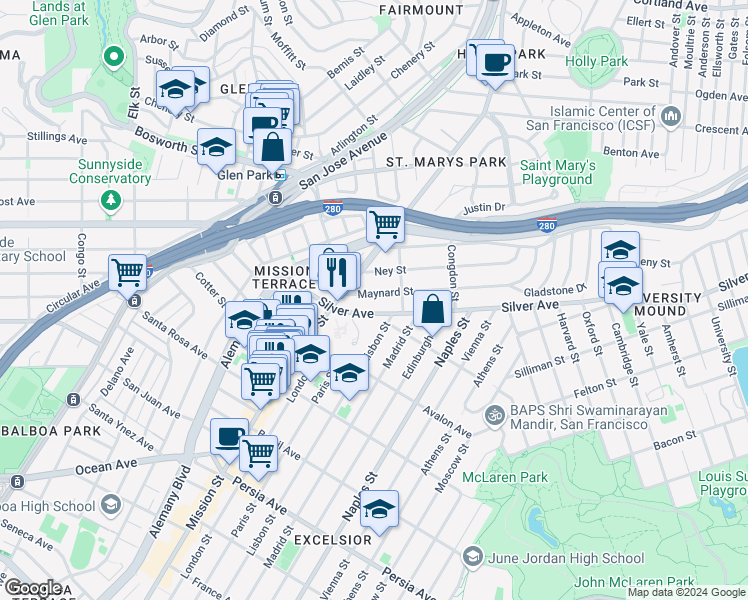 map of restaurants, bars, coffee shops, grocery stores, and more near 4225 Mission Street in San Francisco