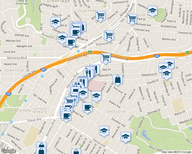 map of restaurants, bars, coffee shops, grocery stores, and more near 4225 Mission Street in San Francisco