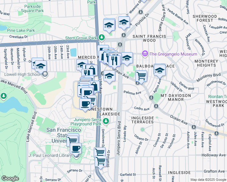 map of restaurants, bars, coffee shops, grocery stores, and more near 3250 19th Avenue in San Francisco
