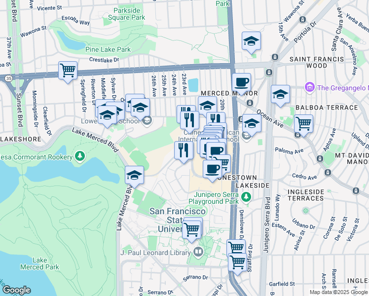 map of restaurants, bars, coffee shops, grocery stores, and more near 450 Winston Drive in San Francisco