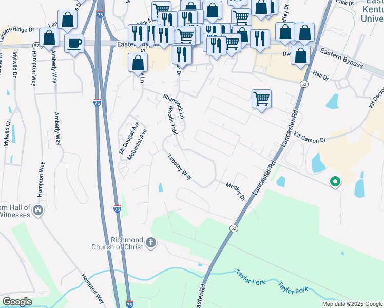 map of restaurants, bars, coffee shops, grocery stores, and more near 122 Woods Trail in Richmond