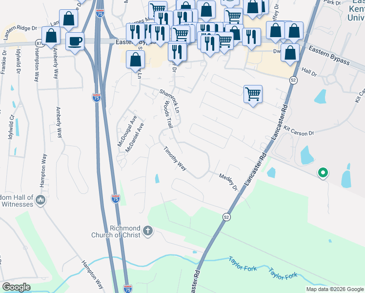 map of restaurants, bars, coffee shops, grocery stores, and more near 122 Woods Trail in Richmond