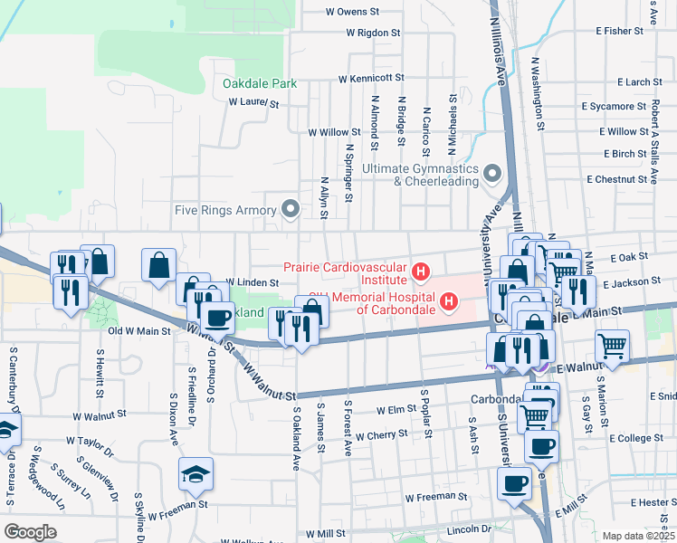 map of restaurants, bars, coffee shops, grocery stores, and more near 700 West Pecan Street in Carbondale