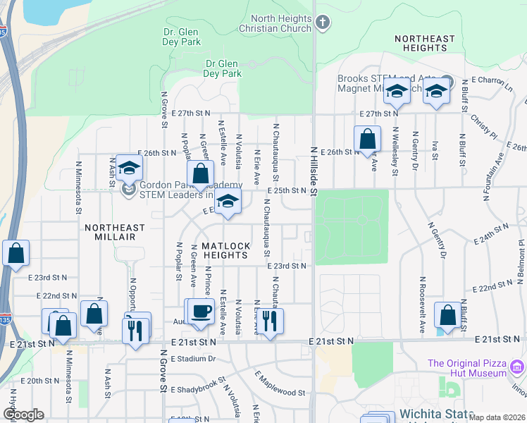 map of restaurants, bars, coffee shops, grocery stores, and more near 2535 North Chautauqua Street in Wichita