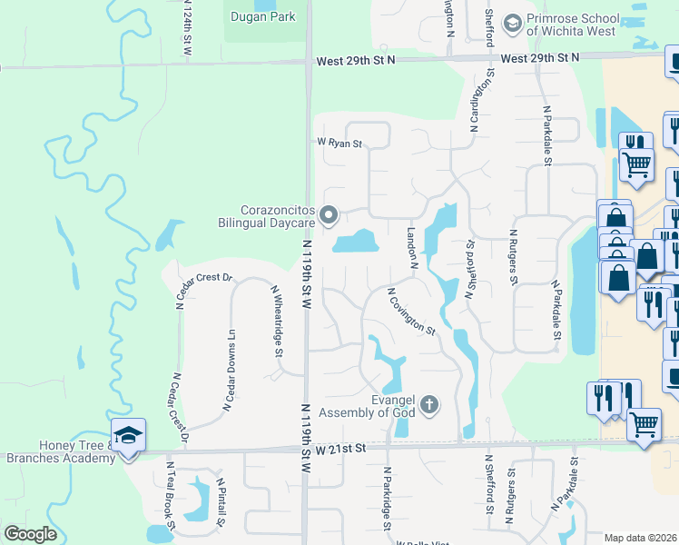 map of restaurants, bars, coffee shops, grocery stores, and more near 11834 Neville Court in Wichita