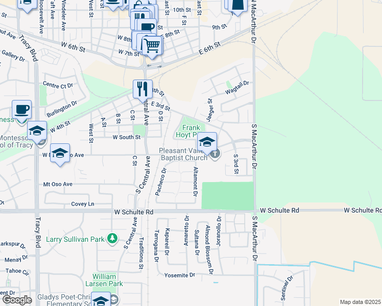 map of restaurants, bars, coffee shops, grocery stores, and more near 260 East Mount Diablo Avenue in Tracy