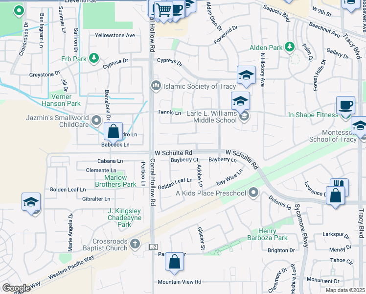 map of restaurants, bars, coffee shops, grocery stores, and more near 1870 Harvest Landing Lane in Tracy