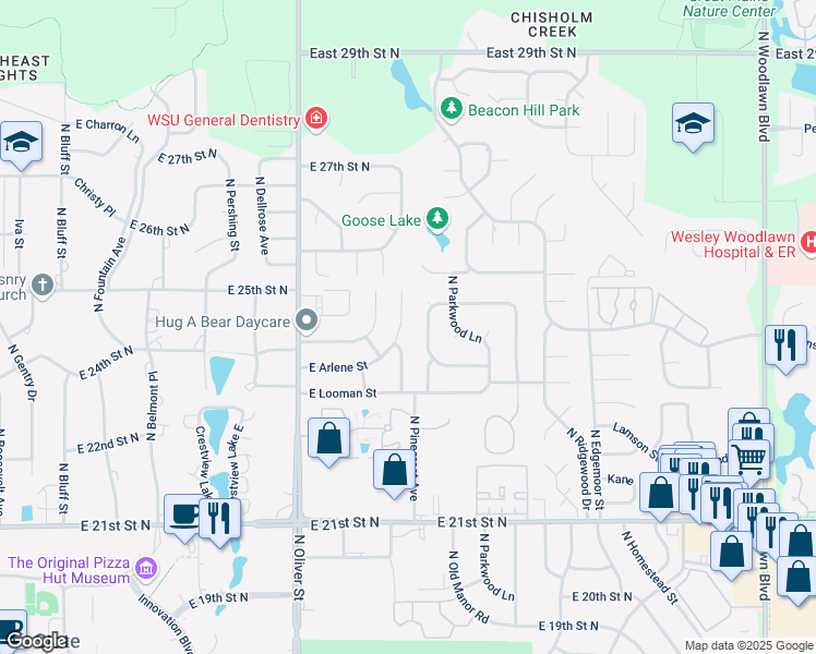 map of restaurants, bars, coffee shops, grocery stores, and more near 2516 North Battin Street in Wichita