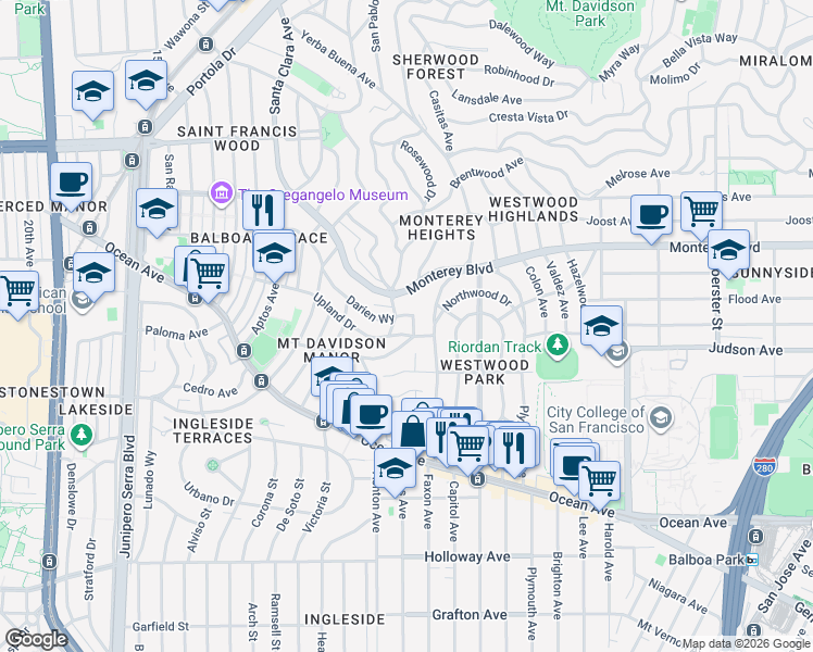 map of restaurants, bars, coffee shops, grocery stores, and more near 950 Darien Way in San Francisco