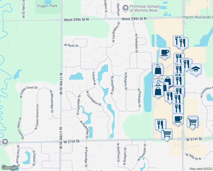map of restaurants, bars, coffee shops, grocery stores, and more near 2543 North Shefford Court in Wichita