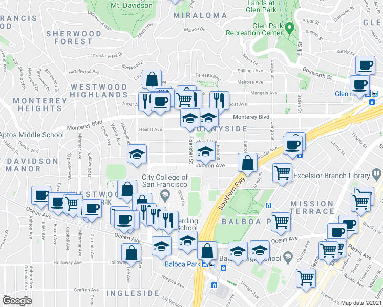map of restaurants, bars, coffee shops, grocery stores, and more near Foerster Street & Staples Avenue in San Francisco